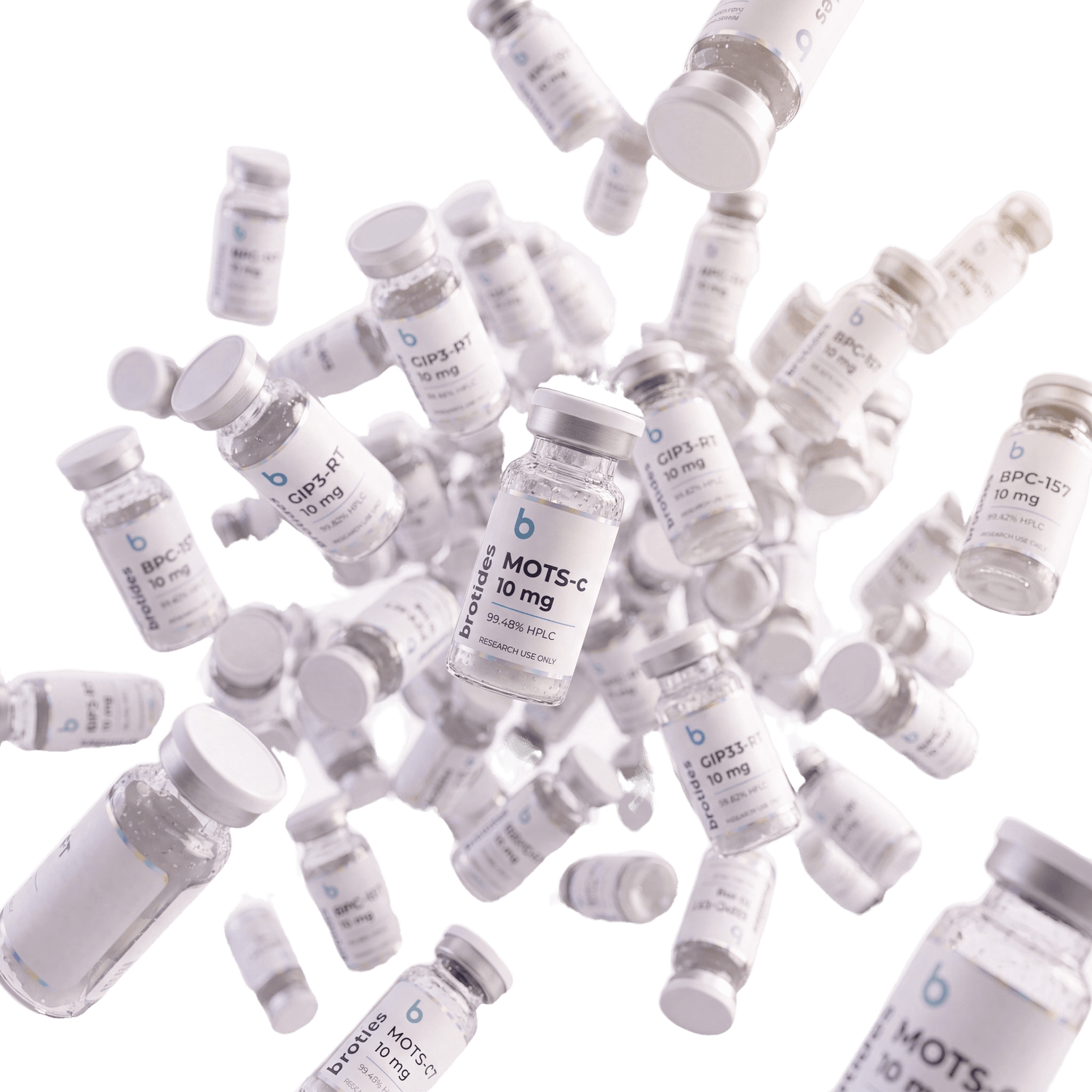 Dozens of Brotides research vials at volume